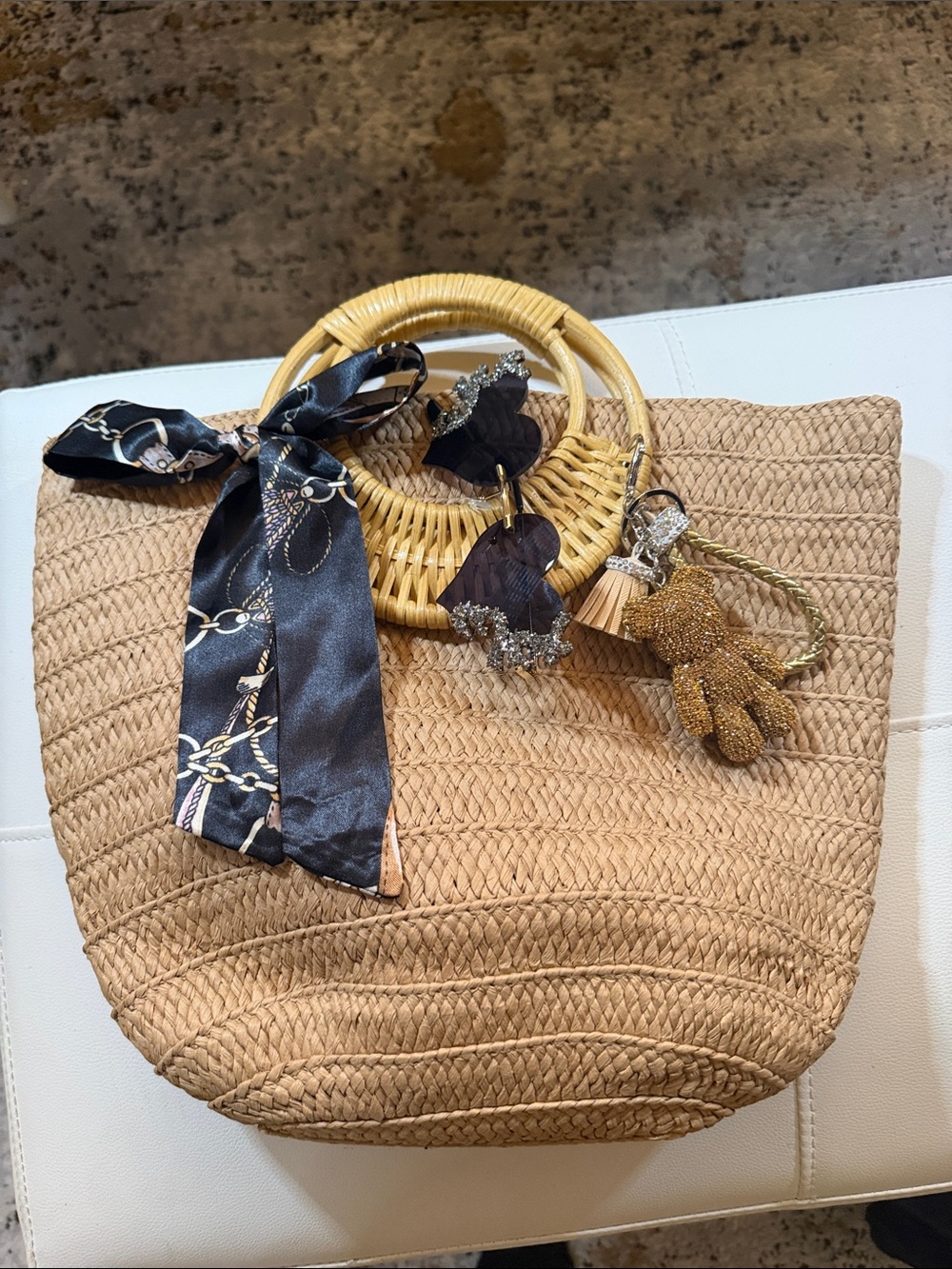 Tan Woven Straw Tote with Black Scarf Accent and Charms